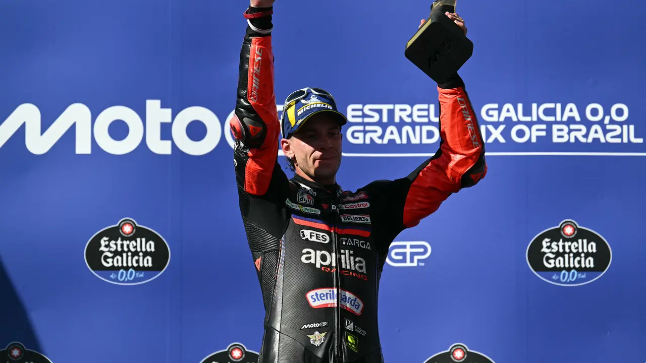 Selebrasi Marco Bezzecchi usai menang di MotoGP Brasil 2026