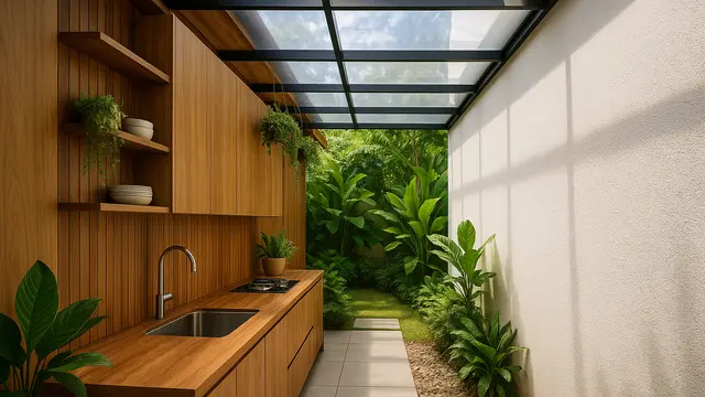 7 Desain Dapur Semi Outdoor dengan Atap Transparan, Terang Alami dan Estetik