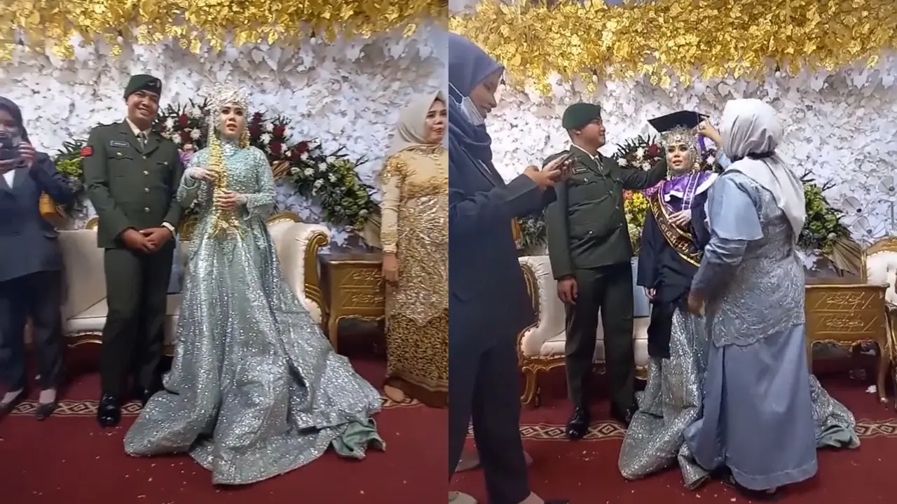 Seorang pengantin wanita wisuda sambil menikah