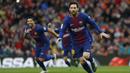 Gelandang Barcelona, Lionel Messi, merayakan gol yang dicetaknya ke gawang Atletico Madrid pada laga La Liga Spanyol di Stadion Camp Nou, Barcelona, Minggu (4/3/2018). Barcelona menang 1-0 atas Atletico. (AFP/Pau Barrena)