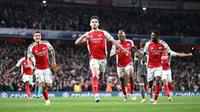 Gelandang bertahan Arsenal, Declan Rice, merayakan golnya ke gawang Real Madrid pada leg pertama perempat final Liga Champions di Emirates Stadium, Rabu dini hari WIB (9-4-2025). (www.arsenal.com)