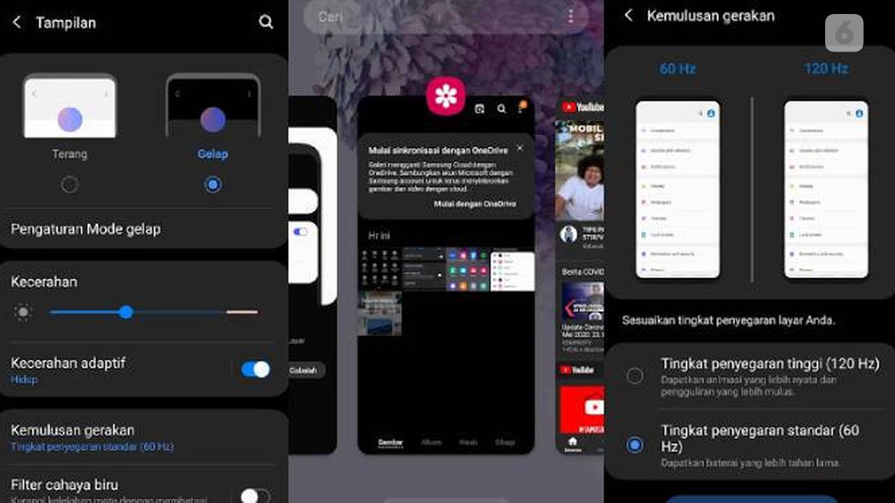 Dark mode dan pengaturan refresh rate di One UI 2.1. Liputan6.com/Iskandar