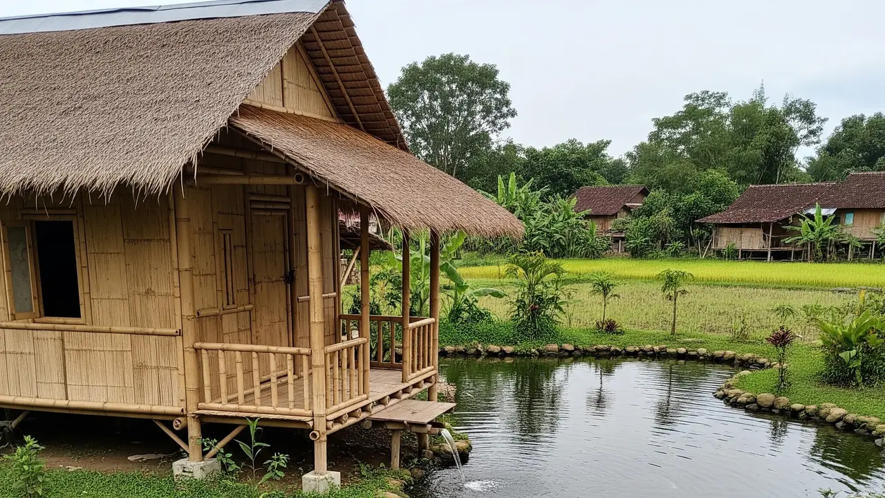 Contoh Rumah Sederhana di Desa dengan Suara Gemericik Air yang Menenangkan (Image by Gemini AI)