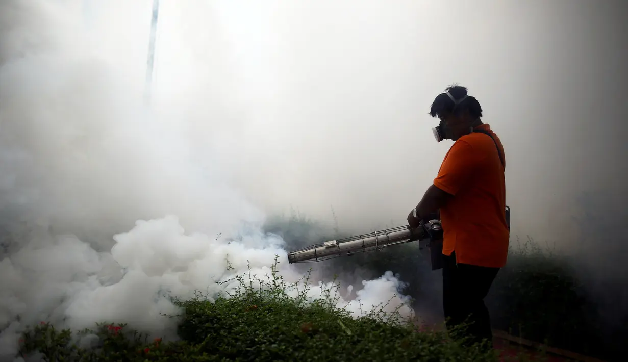 Seorang petugas melakukan pengasapan di sebuah universitas di Bangkok, Thailand, Selasa (13/9). Pengasapan atau fogging dilakukan sebagai upaya memerangi penyebaran virus Zika yang saat ini telah terjadi di Thailand. (REUTERS/Athit Perawongmetha)