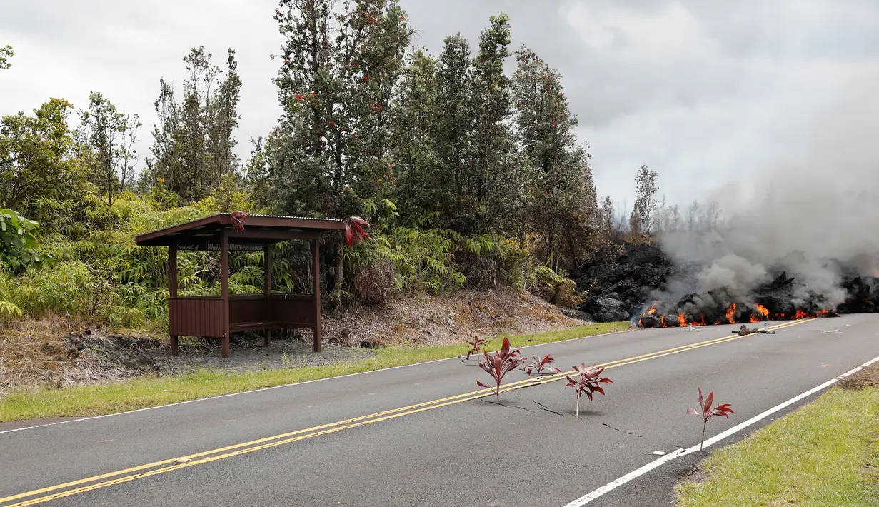 Pemandangan lava pijar erupsi Gunung Kilauea yang menutupi jalan di Pahoa, Hawaii, Amerika Serikat, Sabtu (5/5). (AP Photo/Marco Garcia)