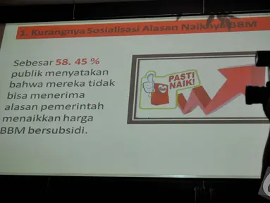 Sebuah slide yang memperlihatkan sebagian besar responden tidak bisa menerima kenaikan harga BBM, Jakarta, Jumat (21/11/2014). (Liputan6.com/Johan Tallo)