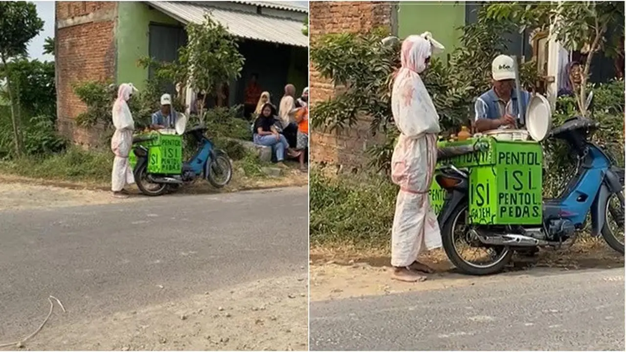 Tak Jadi Seram, Momen Pocong Terekam Lagi Jajan Pentol di Siang Hari Ini Kocak