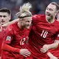 Denmark membuat kejutan dengan menghajar Prancis dua gol tanpa balas dalam matchday pemungkas Grup 1 UEFA Nations League A 2022/2023, Senin (26/9/2022). (Liselotte Sabroe/Ritzau Scanpix via AP)