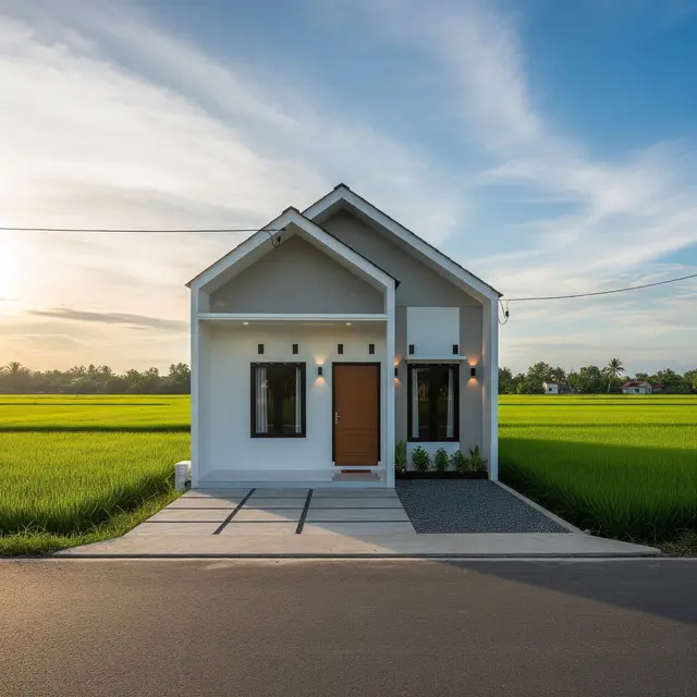Model Rumah Minimalis di Desa Pinggir Sawah (Image by Gemini AI)
