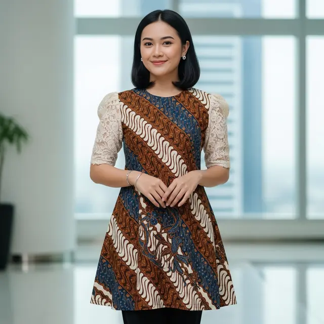 9 Model Tunik Batik Kombinasi Brokat Lengan Puff untuk Acara Semi Formal, Tampil Anggun