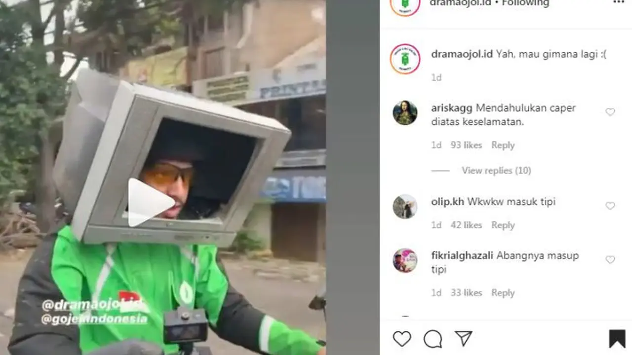 Pengemudi Ojek Online Ini Berkendar Pakai Helm dari TV Bekas (@dramaojol.id)