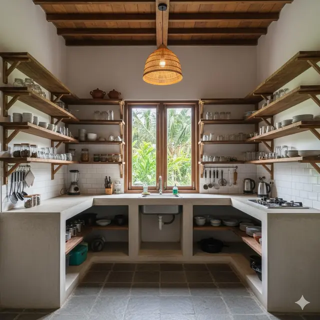 Dapur dengan Rak Terbuka dari Kayu atau Bambu