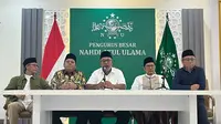 Ketua PBNU Umarsyah dan jajarannya memberikan keterangan pers terkait pemanggilan Ketua PKB Muhaimin Iskandar atau Cak Imin. (Liputan6.com/Winda Nelfira)