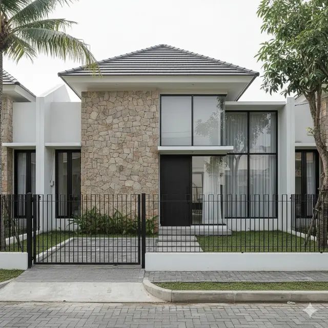 Gambar Rumah Minimalis Batu Alam dan Pagar Besi