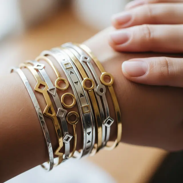 Model Gelang Stacking Mix Metal Emas dan Perak