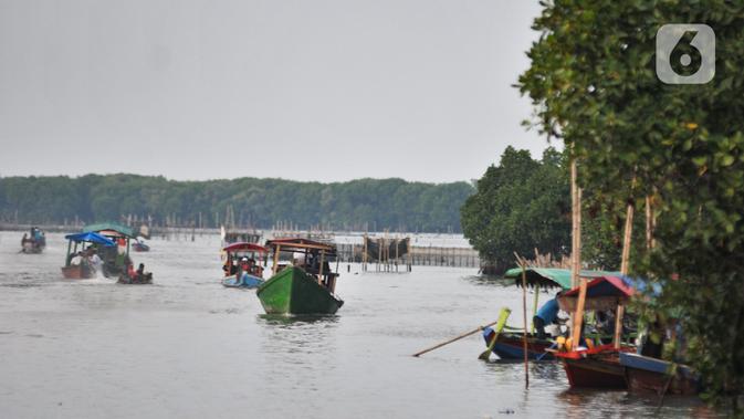 Suasana Taman Wisata Hutan Bakau (Mangrove) di Desa Segarajaya, Tarumajaya, Bekasi, Jawa Barat (24/11/2019). Taman wisata ini memliki ikon Jembatan Cinta yang menjadi salah satu destinasi favorit warga, baik dari dalam maupun luar Bekasi. (merdeka.com/Iqbal S. Nugroho)
