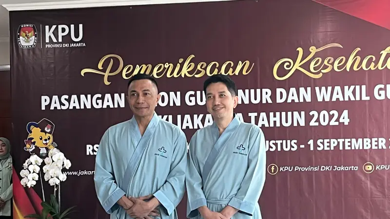 Pasangan bakal calon gubernur dan wakil gubernur Jakarta jalur independen Dharma Pongrekun dan Kun Wardana menjalani tes kesehatan di RSUD Tarakan, Jakarta pada Minggu (1/9/2024).