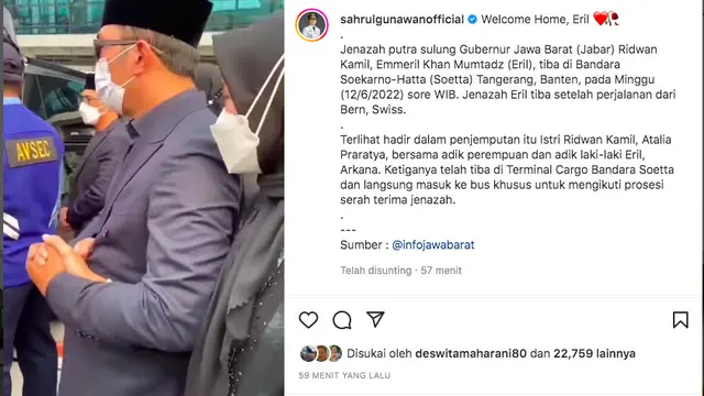 Jenazah Eril Tiba di Indonesia, Sahrul Gunawan: Welcome Home, Eril