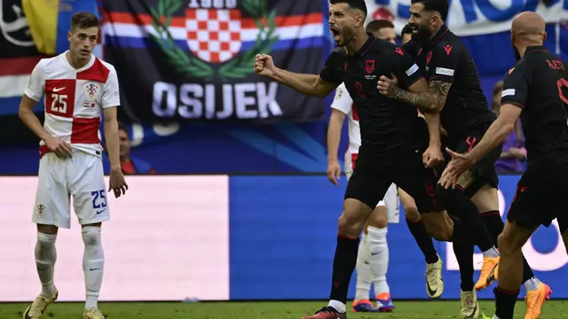 Selebrasi pemain Albania saat melawan Kroasia di Euro 2024
