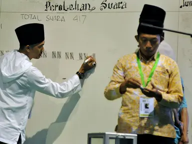 Panitia menghitung suara bakal calon ketum PBNU periode 2015-2020 pada Muktamar NU ke-33 di Jombang, Rabu (5/8/2015). Pemungutan suara bakal calon ketum PBNU tersebut diikuti 378 peserta yang terverifikasi dari 508 peserta. (Liputan6.com/Johan Tallo)