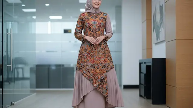 Gamis Batik Model Lipit Kombinasi Polos