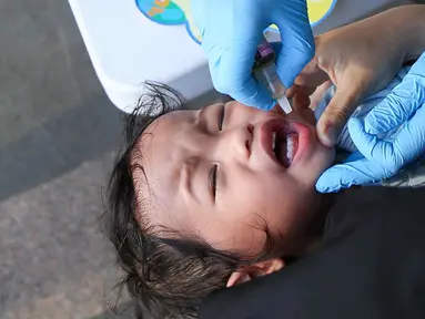 Tenaga kesehatan dari Puskesmas Menteng meneteskan vaksin polio kepada seorang anak saat hari bebas kendaraan bermotor atau car free day di kawasan Bundaran Hotel Indonesia (HI), Jakarta, Minggu (8/9/2024). (Liputan6.com/Herman Zakharia)