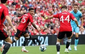 Penyerang Manchester United Jadon Sancho&nbsp;dalam pertandingan persahabatan pramusim melawan&nbsp;&nbsp;Athletic Bilbao di Aviva Stadium, Dublin, Minggu, 6 Agustus 2023. (Paul Faith / AFP)
