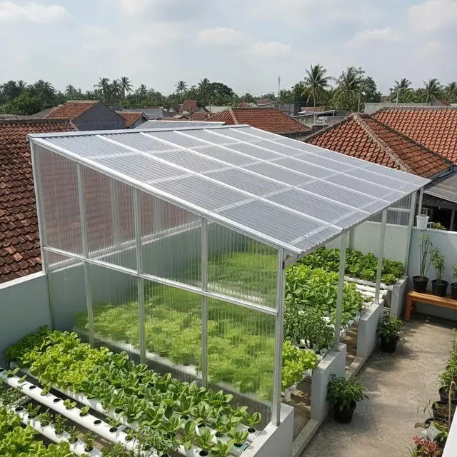 Konsep Terbuka dengan Atap Transparan dan Taman (Gemini AI)