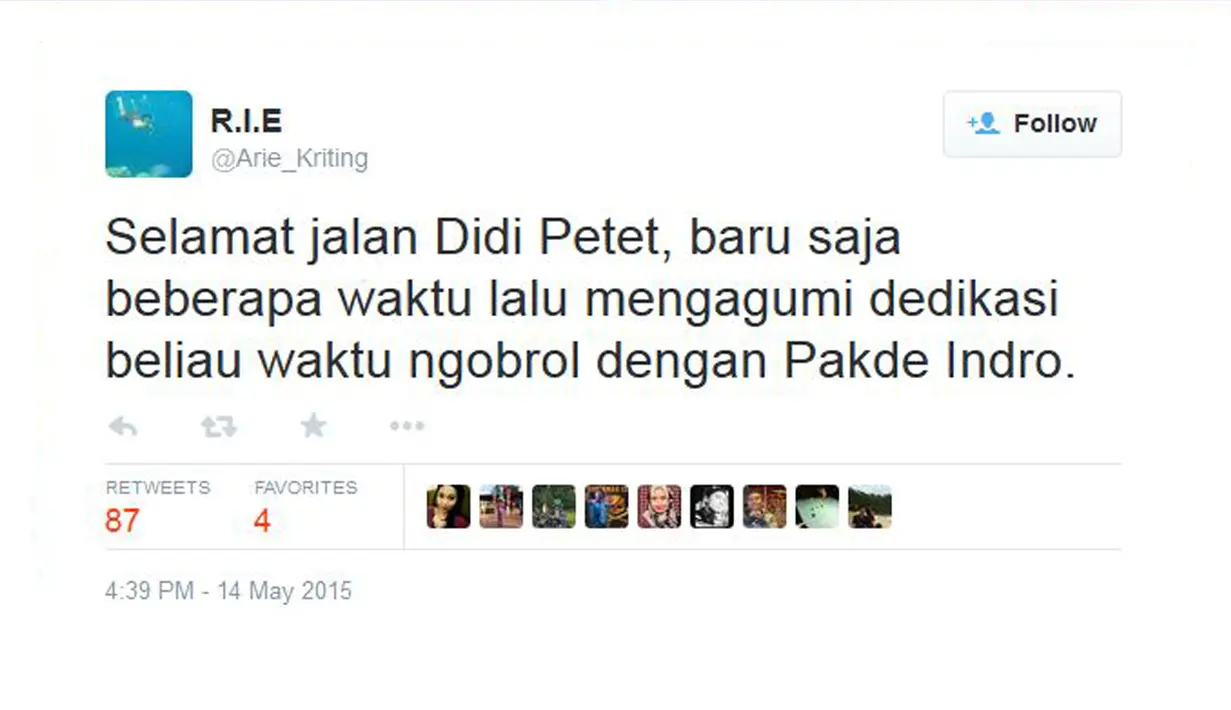 "Selamat jalan Didi Petet, baru saja beberapa waktu lalu mengagumi dedikasi beliau waktu ngobrol dengan Pakde Indro." tulis komedian Arie Kriting lewat akun Twitter-nya @Arie_Kriting. (twitter.com/Arie_Kriting)