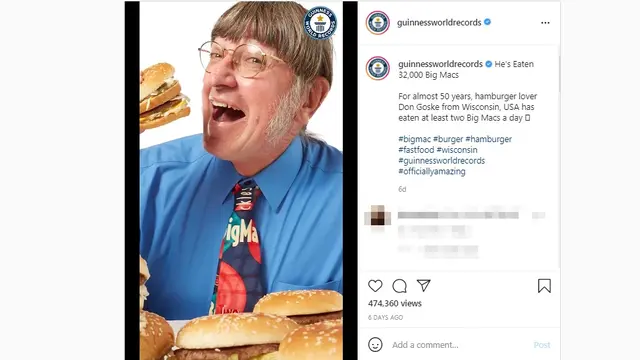 Pria Sabet Rekor Dunia Guinness karena Makan 32 Ribu Burger Big Mac Selama Hidup