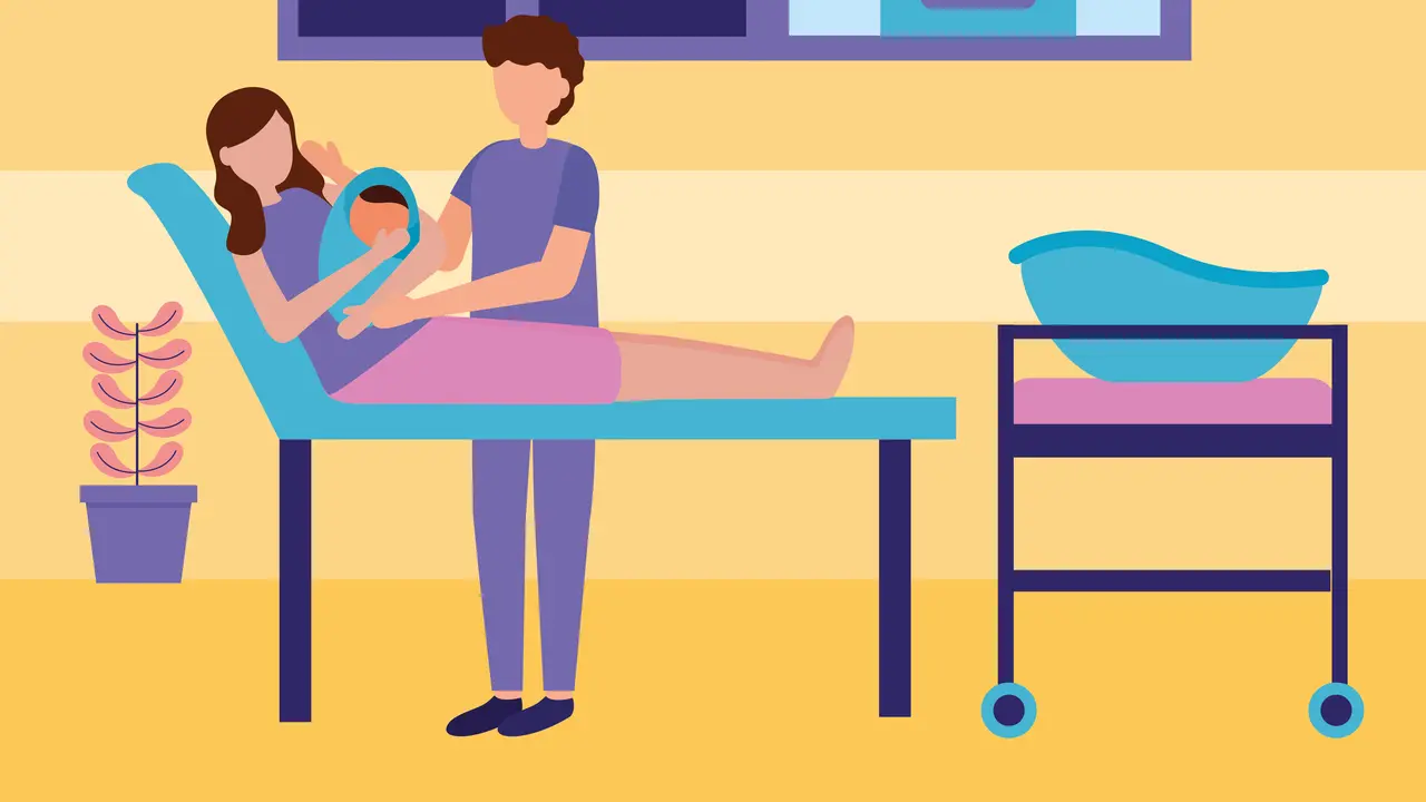 Ilustrasi bidan, proses melahirkan, ibu, bayi