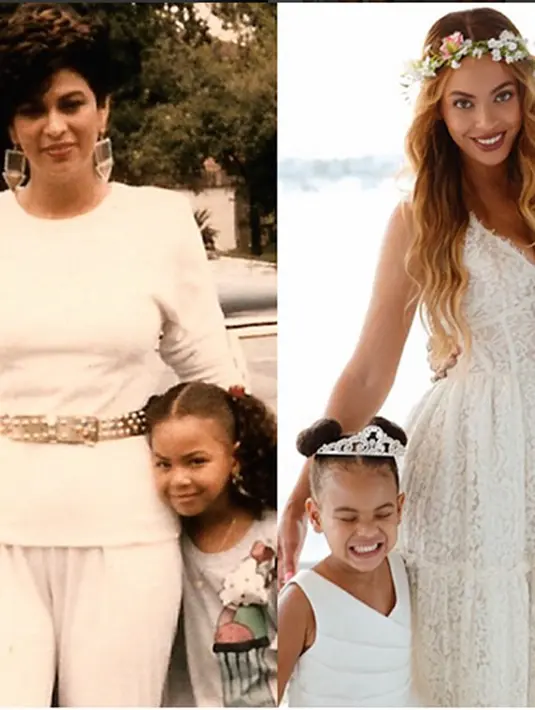 Beyonce bersama ibunya (kiri), dan Beyonce ketika telah menjadi seorang ibu (kanan). Rupanya Beyonce masa kecil memiliki kemiripan dengan putrinya, Blue Ivy Carter. (via instagram/@beyonce)