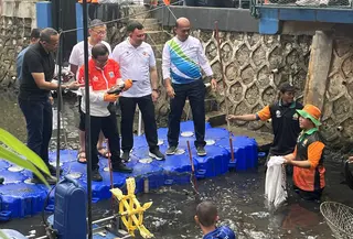 Pramono meninjau gerakan tangkap ikan sapu-sapu di Saluran RW 06, Kelapa Gading Barat, Jakarta Utara, Jumat (17/4/2026). (Winda Nelfira/Liputan6.com)