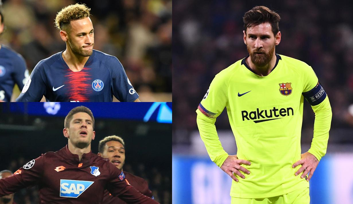 Messi mengukuhkan diri menjadi pencetak gol terbanyak Liga Champions 2019 hingga babak 16 besar usai mencetak dua gol ke gawang Olimpique Lyon. (Kolase Foto AFP)