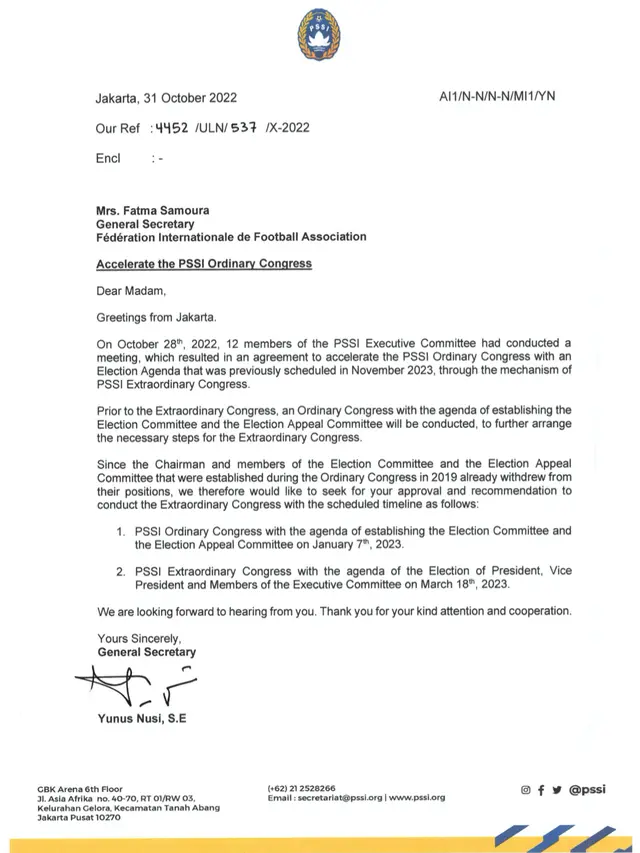 Surat PSSI kepada FIFA terkait KLB.