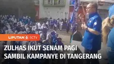 Ketua Umum Partai Amanat Nasional atau PAN, Zulkilfi Hasan mengikuti senam pagi sambil berkampanye di lapangan Kelurahan Bojong Nangka, Kecamatan Kelapa Dua, Kabupaten Tangerang, Banten.