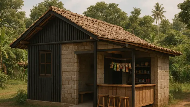 Model Rumah Sederhana dari Bambu dan Batako dengan Warung di Teras