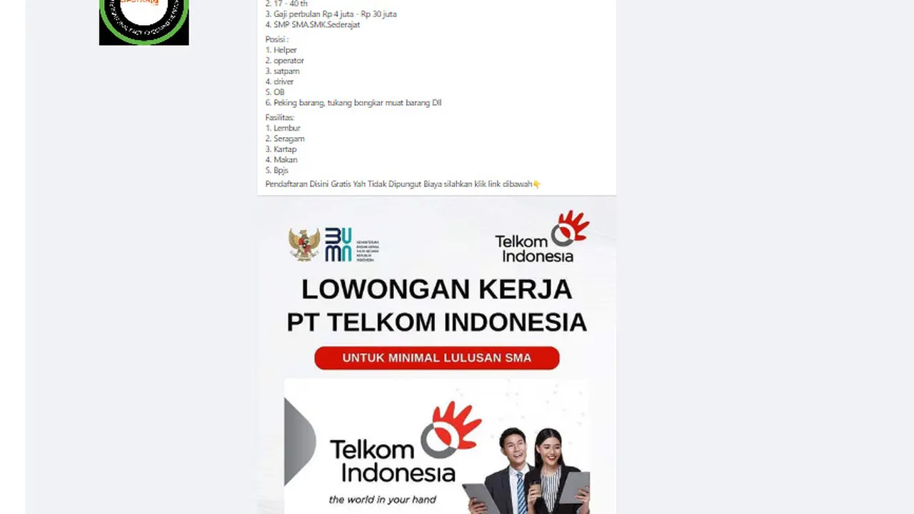 Tangkapan layar klaim link pendaftaran pegawai baru Telkom Indonesia