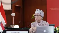 Menteri Luar Negeri Indonesia, Retno Marsudi saat menghadiri press briefing virtual yang digelar oleh Kemlu RI pada Sabtu (12/9/2020).( Photo credit: Kementerian Luar Negeri RI)