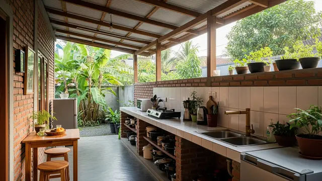 Inspirasi Dapur Belakang Semi Terbuka agar Tidak Panas dan Tetap Nyaman Sepanjang Hari Model Bentuk Memanjang