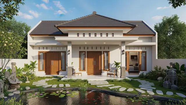 Rumah 6x9 dengan Teras Menghadap Kolam dan Kebun Mini yang Cocok untuk 3-4 Anggota Keluarga