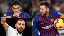 Tambahan dua gol ke gawang Valencia membuat Lionel Messi semakin menjauh dari kejaran para lawannya. Raihan 21 gol Messi berselisih tujuh gol Suarez yang berada di bawahnya. (Kolase Foto AFP)