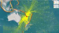 Gempa Magnitudo 7,8 mengguncang wilayah Tenggara Kepulauan Loyalty di Kaledonia Baru, Jumat (19/5/2023), pukul 09.57.05 WIB. (Liputan6.com/ Dok BMKG)