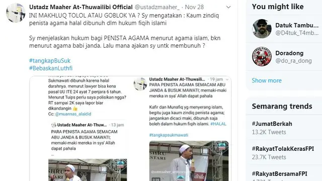 Tweet Ustaz Maheer tentang Abu Janda pada Kamis 28 November 2019