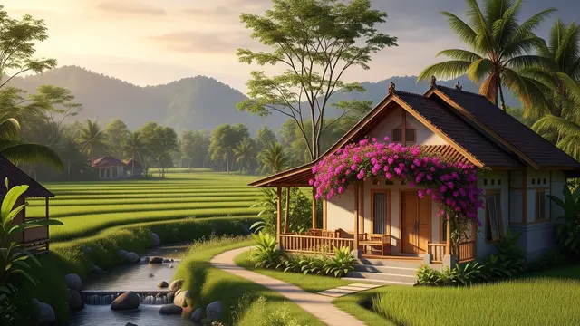 Contoh Rumah Sederhana di Desa Dekat Sungai dan Sawah Kecil dengan Desainnya yang Cantik dan Bikin Betah