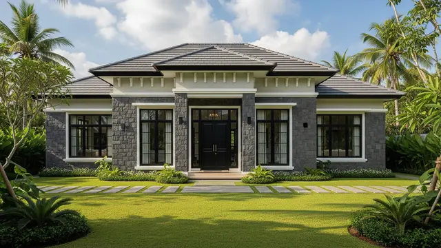 Rumah Kampung Kombinasi Batu Andesit dan Kusen Hitam (Gemini AI)