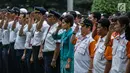 Peserta upacara Gelar Pasukan Posko Angkutan Lebaran Terpadu 2017 di Kementerian Perhubungan, Jakarta, Kamis (15/6). (Liputan6.com/Johan Tallo)