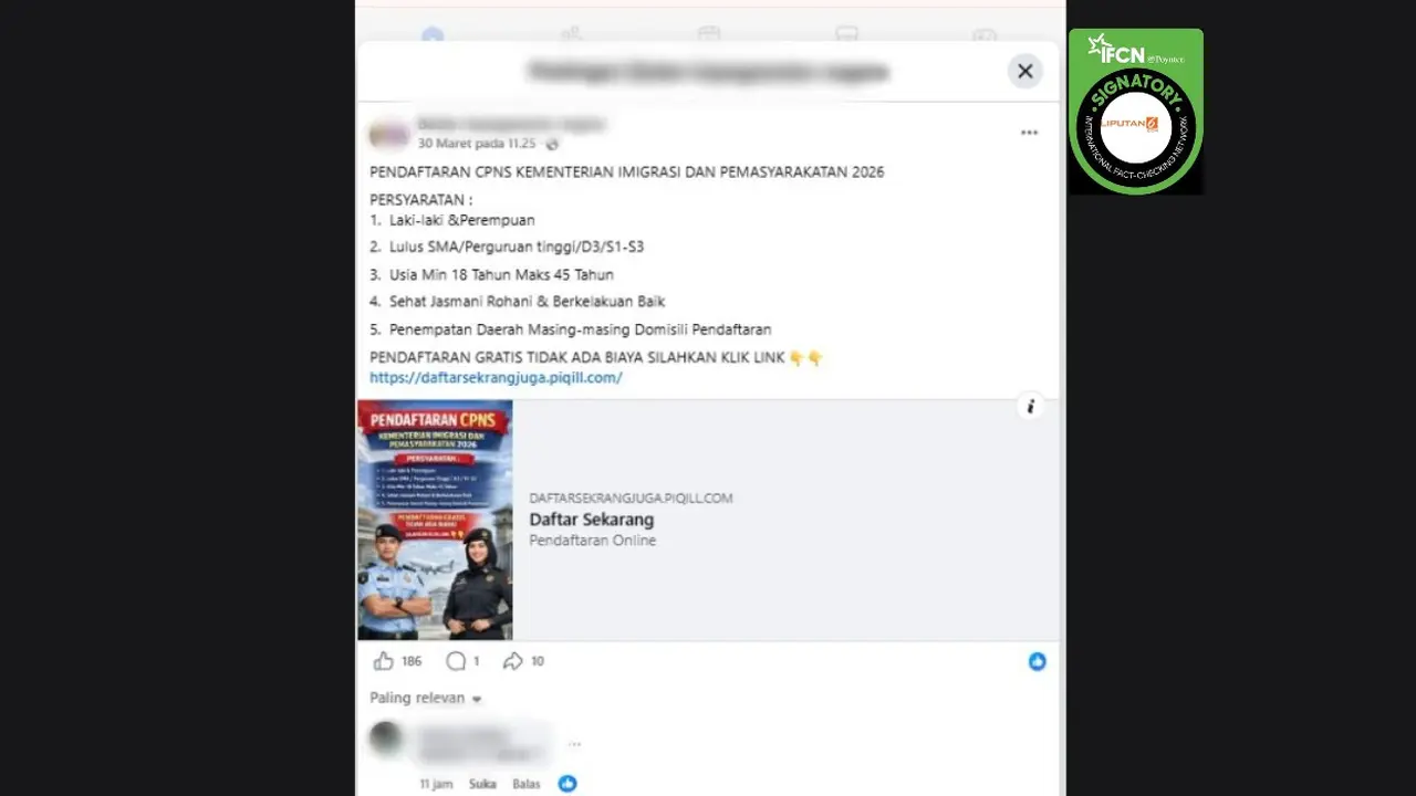 Cek Fakta Liputan6.com mendapati klaim link pendaftaran CPNS Kementerian Imigrasi dan Pemasyarakatan 2026 dengan usia maksimal 45 tahun.