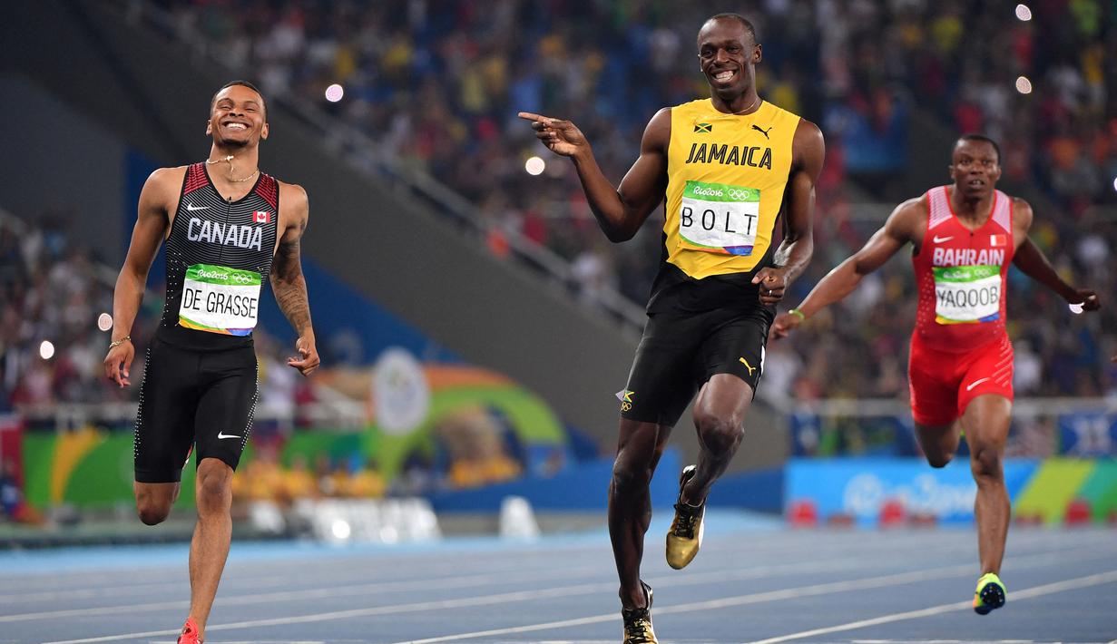Andre De Grasse (kiri) merupakan peraih medali perak nomor 200 meter dan medali perunggu nomor 100 meter serta nomor 4x100 meter pada Olimpiade Rio 2016 lalu. Dengan pensiunnya Bolt (tengah), dirinya diprediksi akan sabet medali emas pada Olimpiade Tokyo 2020 ini. (Foto: AFP/Olivier Morin)