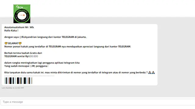 Tangkapan layar informasi Telegram bagikan hadiah senilai Rp 500 ribu